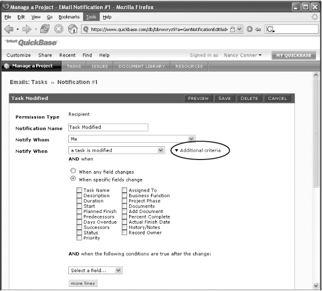 Click the triangle next to “Additional criteria” (circled) to display these options. The specific fields (sections within a record) come from the application you’re working with—this example is for the Tasks table of a Project Management application. Another application (Manage Sales Leads, for example) would show a different set of fields specific to that application. Choosing the fields and conditions that trigger a notification email gives you lots of control over what shows up in your inbox.
