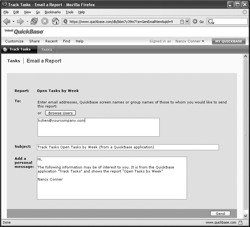 When you want to send a report via email, type recipients’ names into the topmost box, or click Browse Users to choose from QuickBase users with access to the application. In the other boxes, you can write your own subject line and a custom email message. When everything looks good, click Send to zip the report off to everyone on your recipient list.