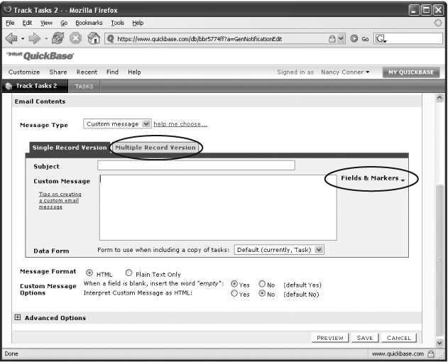 When you choose “Custom message” from the Message Type drop-down menu, and then click inside the Subject or Custom Message text box, the Fields & Markers drop-down menu (circled) appears. Click Fields & Markers to insert codes into your custom email that will show the recipient what’s changed in the record. For custom messages in the case of multi-record changes (like an import), click the Multiple Record Version tab (also circled) for a slightly different set of options—the main difference, of course, is that you want to send just one email for the entire import, not one email for each record that changed as the result of an import (which could change dozens or hundreds of records).