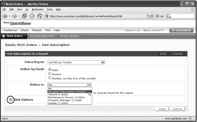 This Email Subscription pageEmail Subscription page lets administrators pick and choose report recipients. Choose the lucky people from the drop-down list shown here. To select a From address or create a custom subject line or message, click the plus sign next to Mail Options (circled) and take a look at the next figure.