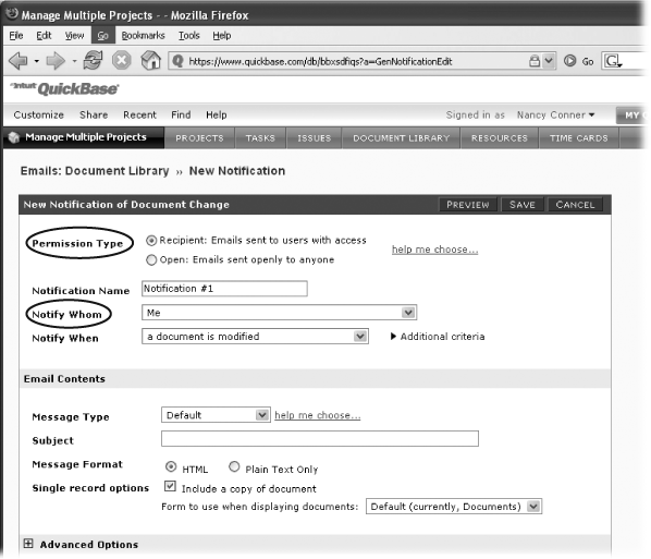 Administrators have a couple of extra options when setting up email notifications. Permission Type (circled) lets you choose whether QuickBase sends notification emails to QuickBase users who have access to this application, or to anyone at all. (For advice on making the choice, see the box in .) The Notify Whom drop-down menu (also circled) is where you configure more precisely who gets the notification emails: It might be you alone, all users with access to the application, or a select group. When you choose the Open permission type, the Notify Whom drop-down menu changes to a text box; type in the email addresses you want QuickBase to notify.