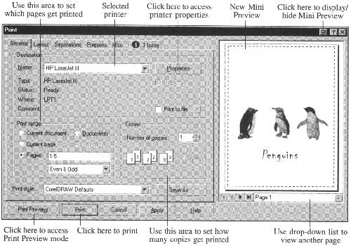 The Print dialog box and new Mini Preview.