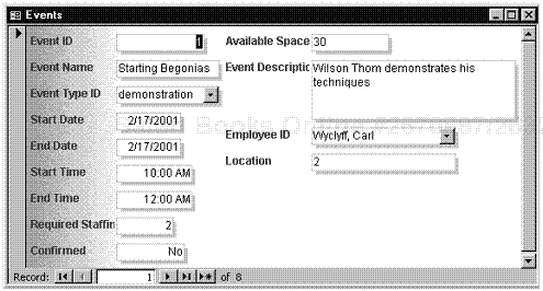 Microsoft Access table data displayed in a form.