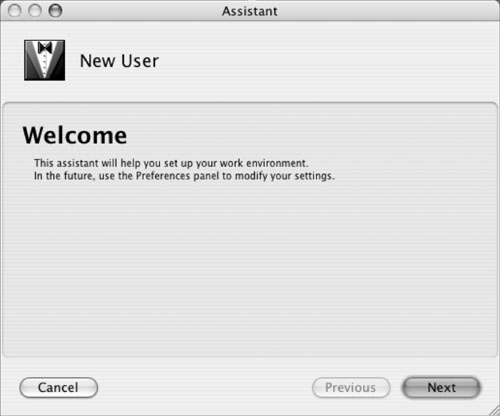 The New User Assistant. The dialog panels in this assistant capture your preferences the first time you run Xcode.