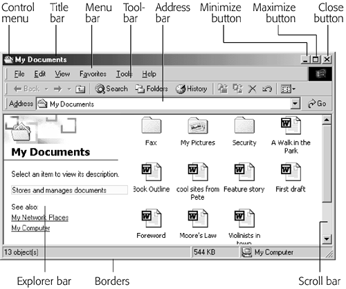 All windows have the same basic ingredients, making it easy to become an expert in window manipulation. This figure shows a desktop window—a disk or folder; but you'll encounter the same elements in application windows.