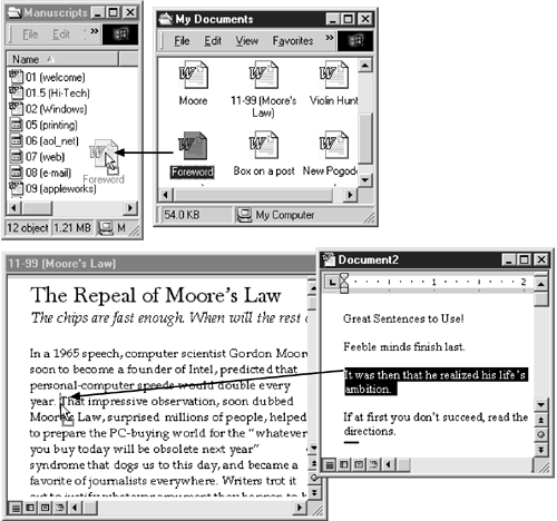 Creating two restored (free-floating) windows is a convenient preparation for copying information between them. Make both windows small and put them side-by-side, scroll if necessary, and then drag some high-lighted material from one into the other. This works either with icons in desktop windows (top) or text in applications like Microsoft Word (bottom). If you press Ctrl as you drag text in this way, you make a copy of the original passage instead of moving it.