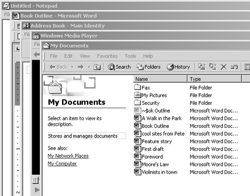 Cascading windows are neatly arranged so you can see the title bar for each window. Click any title bar to bring that window to the foreground as the active window. After you've clicked a few title bars and worked in several windows, you'll have to choose the Cascade Windows command again to rearrange all your open windows.