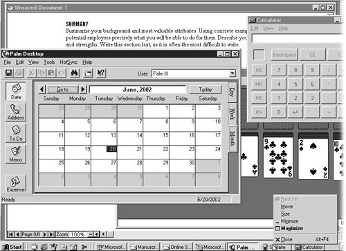 There's a word processor buried in this morass, and without the Taskbar buttons at the bottom edge, it would take a lot of blind clicks to find it and make it the active window. Sometimes you need to bring a particular window into the foreground in a big hurry, especially if the boss arrives when you're playing Solitaire.