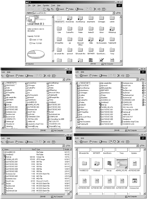 The five ways you can view the contents of a folder window. In Large Icons view (top), a large icon, with its label beneath, represents each file or folder. This is the default view. In Small Icons view (middle left, shown without its left-side panel), a small icon (label to the right) represents each file or folder; the icons are arranged in rows. (The alphabetical progression goes from left to right, rather than top to bottom.) The List view is similar, except the contents are arranged in columns (middle right). Details view (lower left) is the same as List view, except that you get additional columns of information that reveal the size, icon type, and the date and time the object was last modified. (This view, a familiar one to Macintosh fans, is growing in popularity.) Finally, in Thumbnails view (lower right), each icon is enclosed in a tiny picture frame. Graphics files are actually shown in the frame, so this view is really only useful for windows that contain graphics files. (Thumbnails view is not available in the My Computer window).