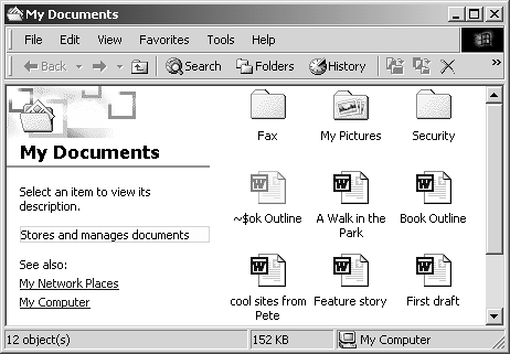 Opening My Documents reveals a graphical display of contents and a Web-like layout, including underlined links, an address bar, and Back/Forward buttons on the toolbar. There's even a background graphic like the ones that sometimes lurk as the backdrops of Web pages. This background adds nothing to the features of the window, but it may satisfy some artistic yearning in you.