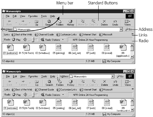 Top: The four basic toolbars that you can summon independently for any desktop window. Bottom: By dragging the vertical left-side handle of a toolbar, you can make the displays more compact by placing two or more bars on the same row. You can even drag one directly up into the menu bar, as shown here, saving even more vertical space.