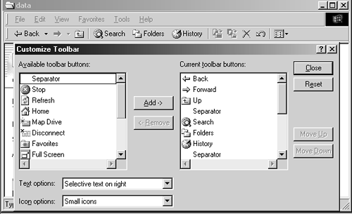 Select a button from the list at left; click Add to add it to the toolbar. Click Delete to remove a button from the list at right. To reorganize the toolbar, select a button and use the Move Up and Move Down buttons. You can also add separators to creates groups of buttons in the same toolbar. Any changes you make to this toolbar affect all windows.