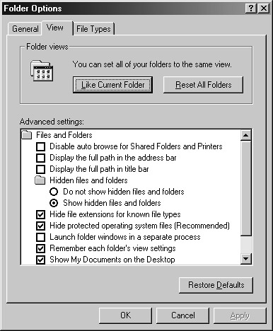 Use the list in this dialog box to choose what you want to see and how you want to see it. Don't make important system files visible unless you're confident that you'd never accidentally delete them during a cleaning frenzy.