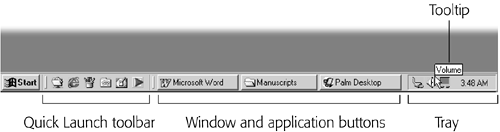 The Taskbar is usually divided into three chunks, according to its three functions. To identify an icon, point without clicking to view an identifying tooltip.