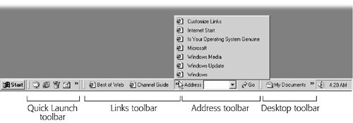 Toolbars eat into your Taskbar space; use them sparingly. If you've added too many icons to the toolbar, an arrow appears at its right end. Click it to expose a list of the commands or icons that didn't fit.