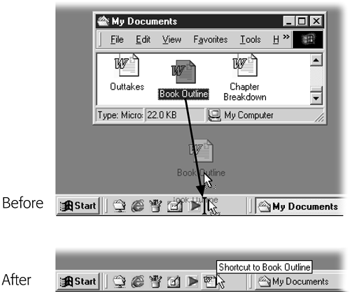 You can add almost any kind of icon to the Quick Launch toolbar (an application, document file, disk, folder, control panel, or whatever) just by dragging it there (top); the thick vertical bar shows you where it'll appear. The only challenge is to find the window that houses the icon you want to add. If it's an application, see Section 3.10.2.2 for hints on finding the actual icon of the program in question.