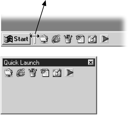 Top: To park a toolbar in a different location, drag upward on the ridge at the left edge. Bottom: What you get is a strange sort of floating toolbar; it's now an on-screen, perpetually available launcher. (Use Tooltips, or choose Show Text from its shortcut menu, to identify the icons.) If you drag the toolbar to an edge of the screen, it becomes glued there like a second Taskbar.