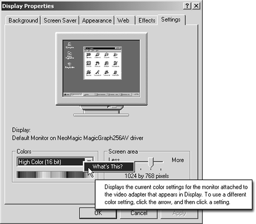 If a box labeled What's This? opens when you right-click something in a dialog box, click inside the box for additional information, as shown here by the inset. If you don't get a What's This? box, you may get a menu that provides hints as to the object's function. In some dialog boxes, a question mark appears on the title bar. Click it and then click on the dialog box element that perplexes you; the same kind of identifying box may appear.