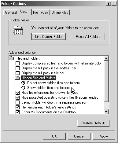 To get at the hide/show switches, open a desktop folder window and choose Tools→Folder Options→View. In the list of checkboxes, under the heading "Hidden files and folders" (indicated here by the cursor), you'll find buttons that govern these three categories of files and folders.