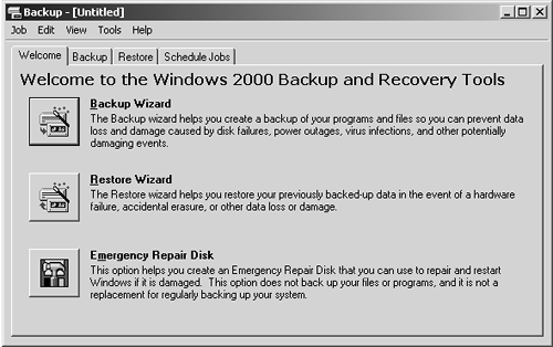 When you launch Windows 2000 Pro's Backup program, the Welcome screen's buttons let you launch the Backup and Restore Wizards, as well as create an Emergency Repair Disk (ERD). An ERD contains a file called Setup.log that specifies the locations of files used to repair your system in the event that your system or boot files are damaged.