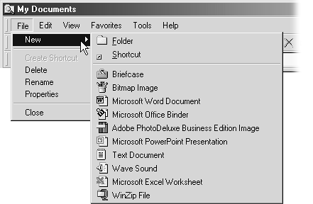 The submenu for the New command includes basic Windows elements (folder, shortcut, and so on), plus any that your programs have added. For instance, installing Microsoft Office adds Microsoft Word Document and Microsoft Excel Worksheet commands to the submenu.