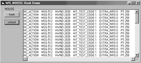 A screenshot of the single-threaded mouse hook application