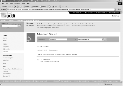 The Microsoft UDDI site: searching for XMethods, Inc.