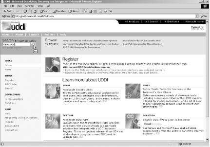 The Microsoft UDDI home page; note the Search box in the upper left corner