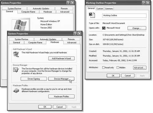 The Properties dialog boxes are different for every kind of icon. In the months and years to come, you may find many occasions when adjusting the behavior of some icon has big benefits in simplicity and productivity. Left: Two tabs of the System Properties dialog box (which appears when you check the properties of your My Computer icon). Right: The Properties dialog box for a Word document.