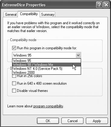 By turning on “Run this program in compatibility mode for” and choosing the name of a previous version of Windows from the drop-down list, you can fool that program into thinking that it’s running on Windows 95, Windows Me, Windows NT, or whatever. While you’re at it, you can also specify that this program switch your screen to certain settings required by older games—256 colors, 640 by 480 pixel resolution, and so on—or without the new Windows XP look (turn on “Disable visual themes”).