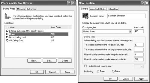 Left: This dialog box has two priorities: to establish rules for dialing out; and to define as many different sets of rules for dialing as you need. If you’re setting up dialing properties for a desktop computer, you won’t need to change these settings after the first successful call. Right: Setting up a new dialing rule.