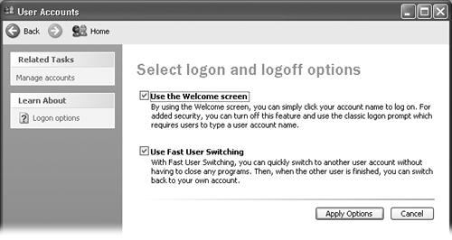 These two options have enormous ramifications. The first governs the appearance of the Welcome screen shown in Figure 16-8. The second lets one person duck into his own account without forcing you to log off, as described on Section 16-6. These options are related—you can’t turn off the first without first turning off the second.