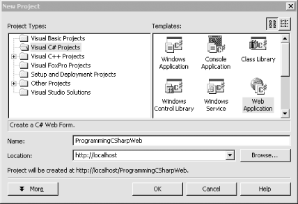 Creating a project in the New Project window of Visual Studio .NET