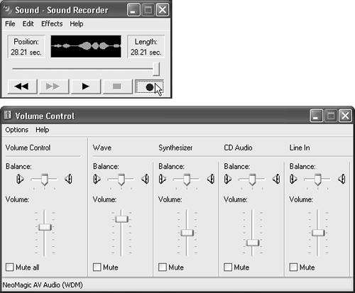 Sound Recorder (top) lets you capture the sounds of your world—digitally. Volume Control (bottom) offers left-to-right stereo balance controls and volume adjustments for every sound-related component of your PC.