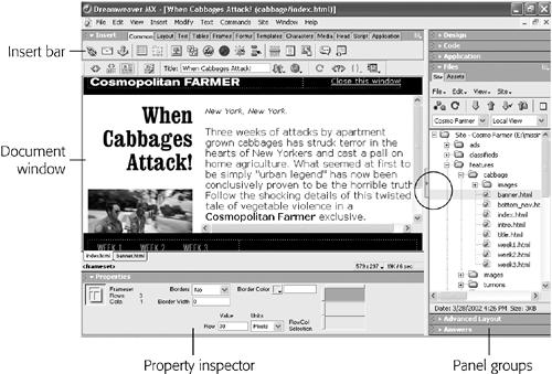 In Windows, you switch between documents by clicking a document tab that appears immediately below the document window. In this example, clicking the banner.html tab brings that page to the front. (This nifty feature works only if the docu- ment window is maximized.) You can also hide the Panels (the stack at the right edge of the window) by clicking the Hide Panels button (circled). To show the panels, click the button again.