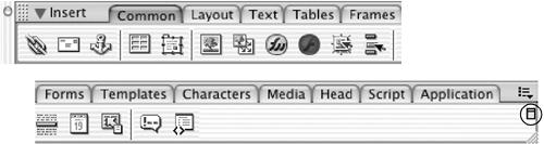 See the arrow next to the word Insert? When the arrow points down, the Insert bar (shown split in half to fit the page) displays all the tabs and available objects. When the arrow points to the right, the window is reduced to a thin bar, with only the word Insert visible.