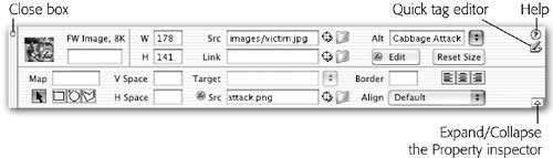 The Property inspector changes depending on what’s selected in the document window, but certain options are always available.