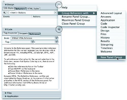 To open a panel, click the arrow next to the panel group name (Application or Files, for example). Clicking a tab brings the corresponding panel forward. Each panel group has its own Context menu button (circled). Clicking the button reveals a contextual menu that lets you move a panel to another group, create a new panel group, rename a group, or completely hide a group of panels.