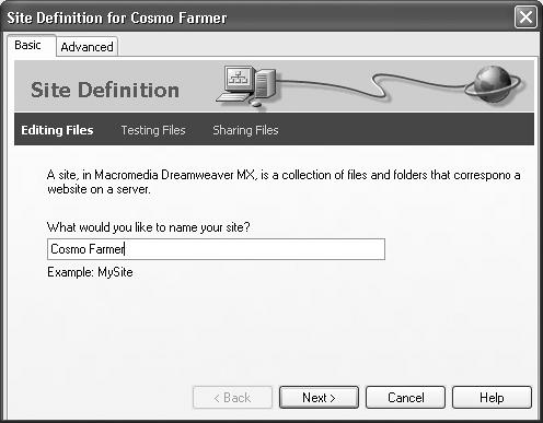 The Basic tab of the Site Definition window—new in Dreamweaver MX—takes you step by step through the process of setting up a new site. Each stage of the process—Editing Files, Testing Files, and Sharing Files—is clearly labeled. Depending on the type of site you’re building, and which Dreamweaver features you plan on using, you’ll be taken through a series of simple questions that help you set up your site.