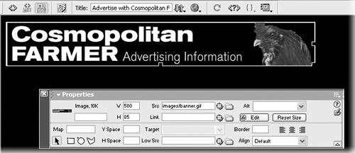 When an image is selected in the document window, the Property inspector reveals its dimensions. In the top-left corner, a small thumbnail image appears, as does the word Image—to let you know an image is selected—and the image’s file size (in this case, 10 K). The other image properties are described in Chapter 5.