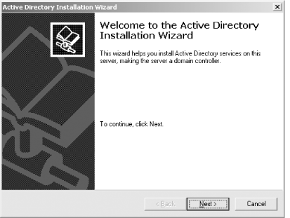 Active Directory Wizard welcome screen