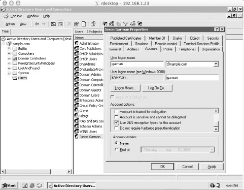 Setting the DES encryption checkbox in the jgarman user’s properties dialog box