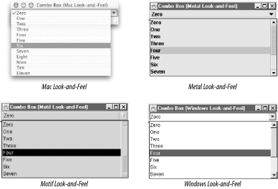 The JComboBox component in four L&Fs