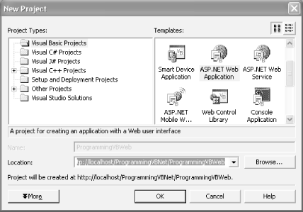 Creating a project in the New Project window of Visual Studio .NET