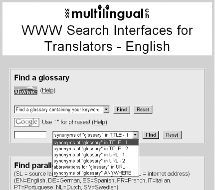 WWW Search Interfaces for Translators glossary tool