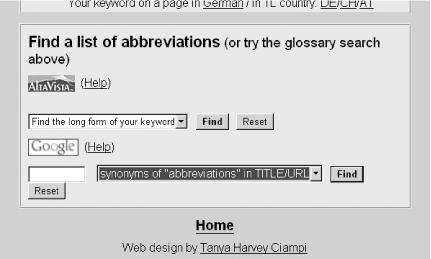 WWW Search Interfaces for Translators abbreviation search tool