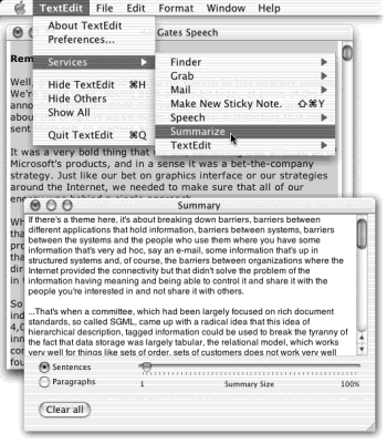 Use the Summarize command to create a one-paragraph summary (right) of a longer passage (left). Once the summary appears in the Summary Service program, you can make the summary more or less concise by dragging the Summary Size slider. You can also ask it to display the most statistically relevant paragraphs instead of sentences, just by clicking the appropriate radio button at the lower left. (Note: Even Summary Services can’t come up with something coherent if the original wasn’t.)