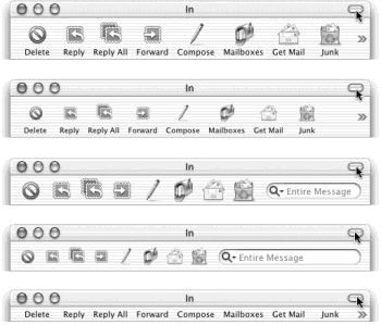 By -clicking this button repeatedly, you can cycle among the various toolbar styles shown here. This technique works in most toolbar-equipped Cocoa programs (but not the Finder, since it’s actually a Carbonized program). In Mail, you can actually cycle between six different toolbar styles: with icons and labels (large and small); with icons only (large and small); and with text labels only (large and small—small version not shown).