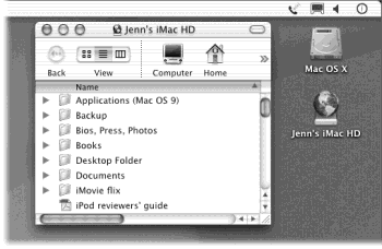 The whole point of file sharing: to bring icons for the hard drives or folders from other Macs and PCs onto your own screen—like the Jenn’s iMac HD icon shown here. By dragging icons back and forth, you can transfer your work from your main Mac to your laptop; give copies of your documents to other people; create a “drop box” that collects submissions from various authors for a publication; and so on.