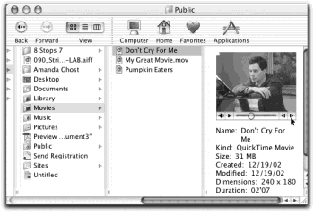 You can preview a selected QuickTime movie, in miniature, right in column view. Click the Play triangle to play; click it again to stop. The two buttons on the right end are frame-advance buttons. But if you Control-click one of these buttons, they turn into a “jog shuttle” slider that lets you fast-forward (or fast-reverse) through your movie, complete with sound. Who said Alvin and the Chipmunks were dead?